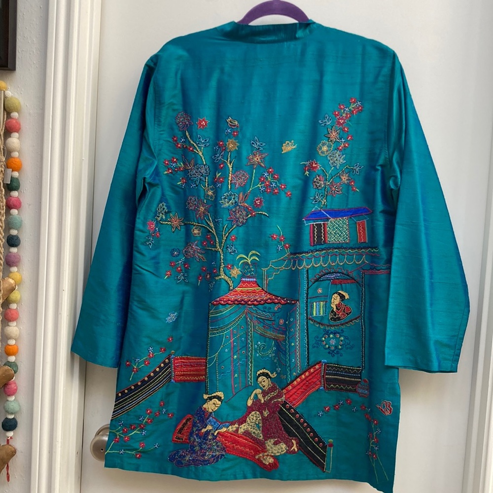 Chico’s Asian Deep Teal Embroidered Silk Tunic sz2